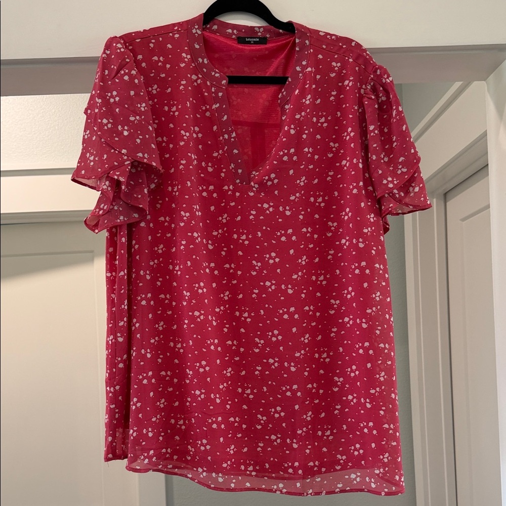 Loft Pink Floral V-Neck Ruffle Sleeve Blouse